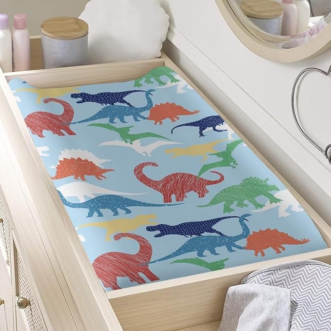 Colorful Dinosaur Change Pad Covers, Water Resistant Baby Diaper Change Table Covers Soft Contoured Pad Covers for Newborn Baby Boys Girls