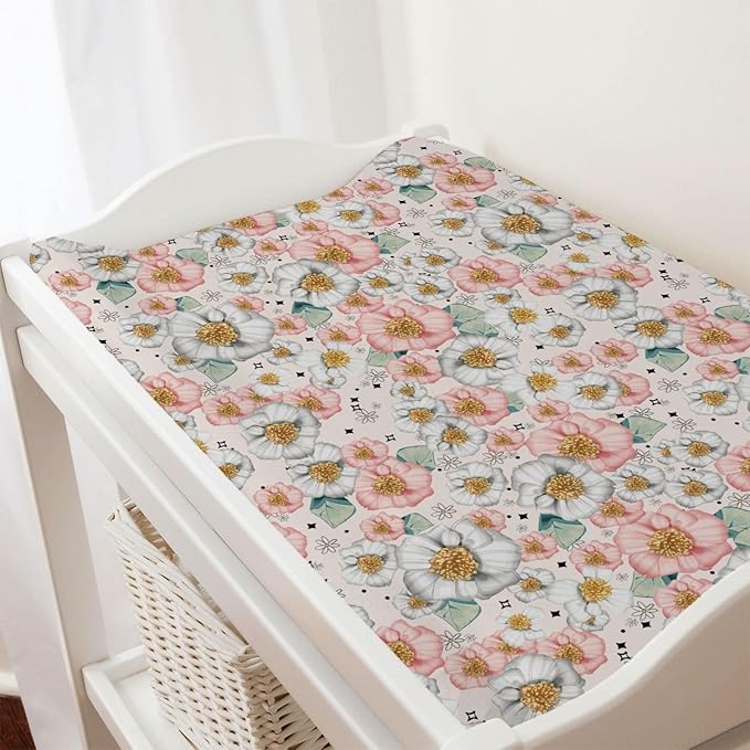 Boho Floral Diaper Changing Pad Covers for Baby Boys or Girls 32''x16'' Colorful Flowers Nature Wild Plants Unisex Fitted Change Table Sheets Mats Comfort Soft Breathable Cradle & Bassinet Bed Sheets
