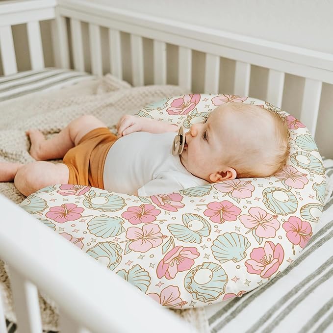 Boho Summer Mermaids Floral Nursing Pillow Covers for Boy Girl Beach Seashells Conch Tropical Flowers Nursery Slipcovers for Breastfeeding Pillows Ocean Marine Soft Stretchy Cover for Newborn Infant