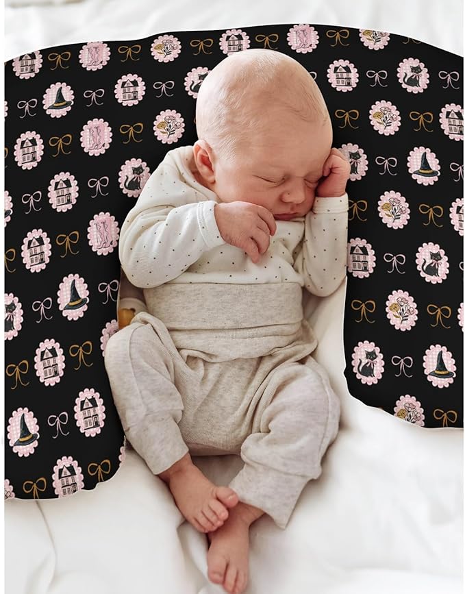 Cute Pink and Black Halloween Baby Nursing Pillow Covers for Girl Witch Cat Castle Floral Bows Nursery Pillowcase for Breastfeeding Pillows Spooky Halloween Soft Stretchy Removable Covers for Newborn
