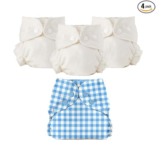 Esembly Cloth Diaper Bundle Set - 3 Organic Cotton Absorbent Inners and 1 Waterproof Outer Diaper Cover - Reusable, Washable, Snap Closure Cloth Diapers - Size 2 (18-35lbs), Gingham