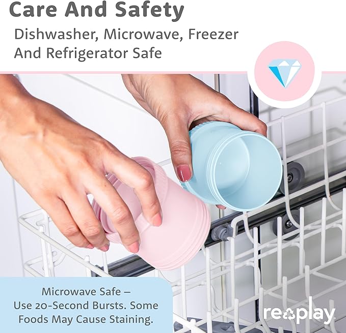 Re-Play Snack Stack Toddler Containers, 2 Sets - Stackable Cups with Travel Lid & Strap for On-the-Go, BPA-Free, Made in USA, Ice Pink/Ice Blue