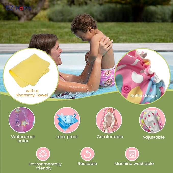 EZ Moms Baby Swim Diapers Reusable 2Pcs Large Size Snap Adjustable Washable One Size Toddler Swim Diaper with a Shammy Towel for Baby Girl Water Diaper Waterproof Swimming Diapers for Swimming Lessons