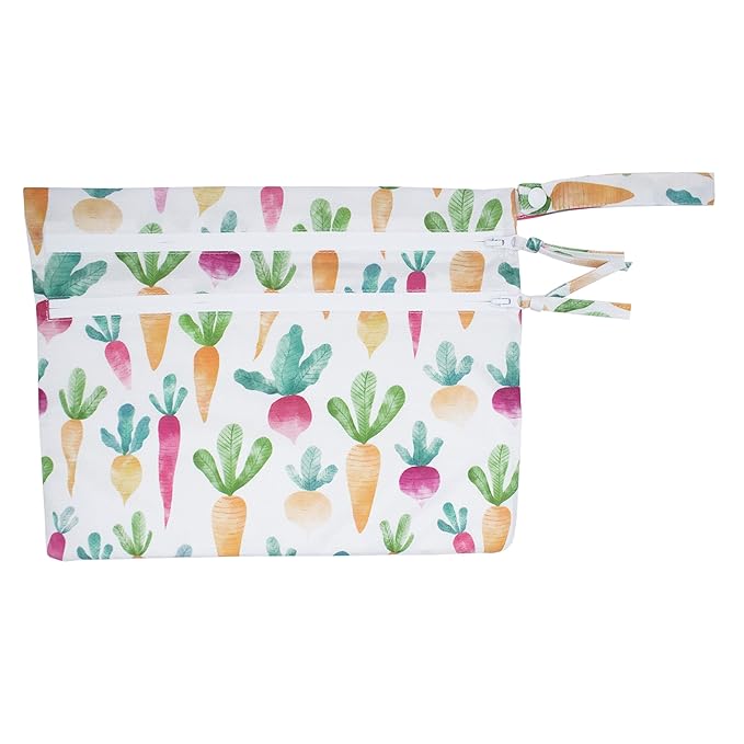 BapronBaby Farm Produce Wet Dry Bag - Waterproof Two Zipper Pockets - Reusable for Mealtime, Diapers, Stroller, Snacks, Swimsuits - Machine Washable - 11" x 9"