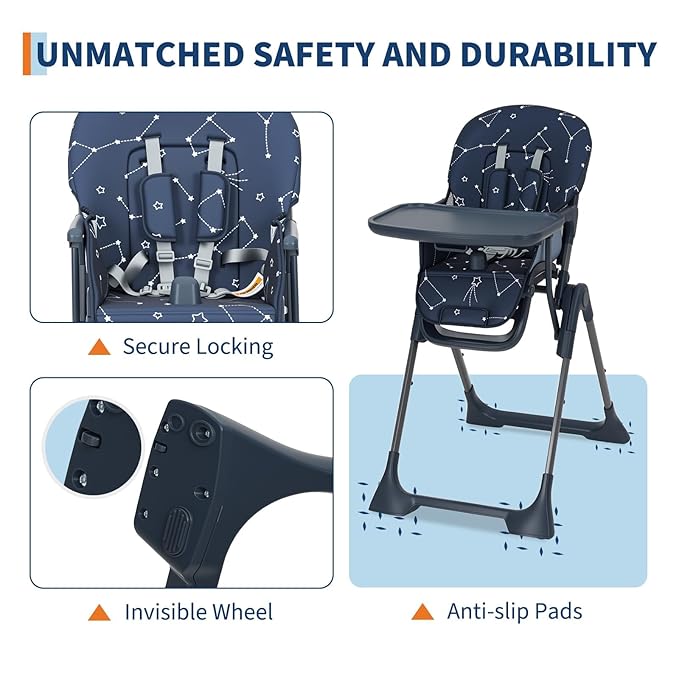 Baby High Chair, Foldable Feeding Chairs for Babies and Toddlers, Adjustable Height/Backrest/Footrest, Removable Tray, Fast Folding Blue