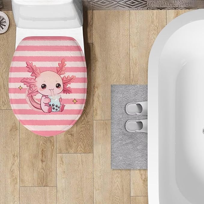 Cute Cartoon Axolotl Toilet Seat Lid Cover Flannel Fabric Toilet Seat Covers Kids Bathroom Decor Toilet Dust Cover Keep Clean Tidy Universal for Most Toilet Bowl Lids Pink