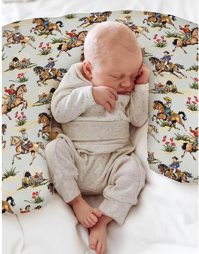Vintage Cowboy Floral Nursing Pillow Covers for Boy Girl Western Cowboy Horse Nursing Pillow Slipcovers for Breastfeeding Pillows Wild West Desert Soft Stretchy Removable Covers for Newborn Infant