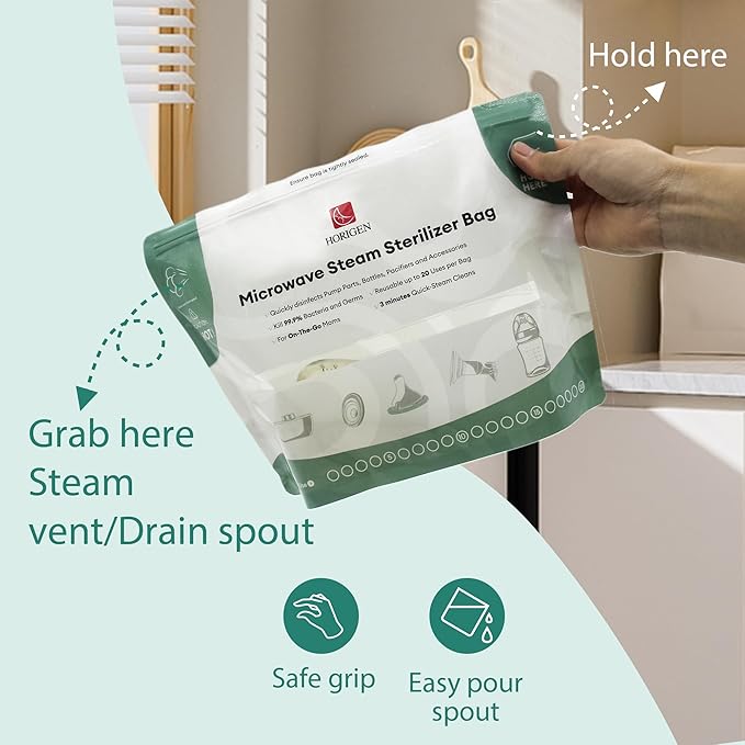 16 Packs Larger Microwave Sterilizer Bags, Reusable Baby Bottle Sterilizer Bags(20 Uses Per Bag), Microwave Steam Sterilizer Bags Great Cleaner for Baby Bottle and Pump Parts When Travel and Work