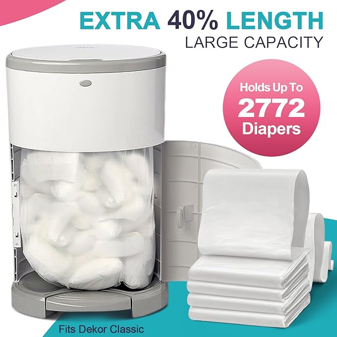 Refills Compatible with DEKOR Classic Diaper Pail Refill Bags| 4 Pack| Super Powerful Odor Eliminator Extra Thick Diaper Pail Bags| Each Holds up to 2772 Diapers| Fresh Lemon Scent| Easy to Replace