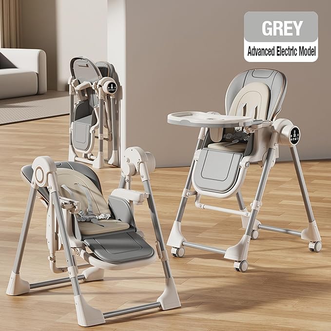 Nine point nine Electric Bluetooth Smart PU Leather High Chair with Swinging Function, Baby High Chairs for Babies and Toddlers, Baby Feeding Chairs Seat, Double Tray, Removable Wheels (E8121 Grey)