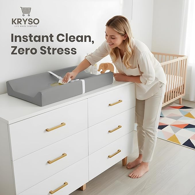 KRYSO Baby Changing Pad – Soft Vegan Leather Changing Pad, Waterproof and Wipeable Diaper Changing Mat, Easy-to-Clean Baby Mat for Newborns and Toddlers (Light Gray)