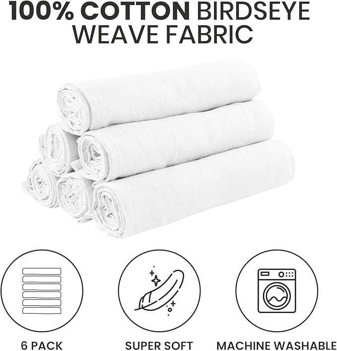 Deluxe 100% Natural Cotton Birdseye Cloth Diapers for Babies - Absorbent Cloth Diapers Burp Cloths - White - 6 Pack