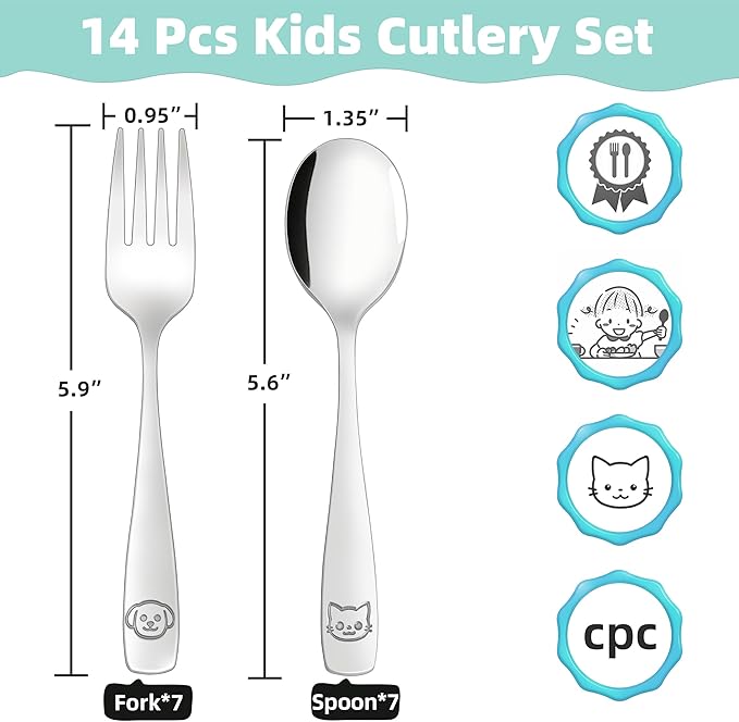 LOCONHA Stainless Steel Toddler Utensils Set - 14 Pcs Kids Silverware, Safe Food Grade, Mirror Polished, Dishwasher Safe, Perfect for Little Hands, Trendy & Durable. ﻿