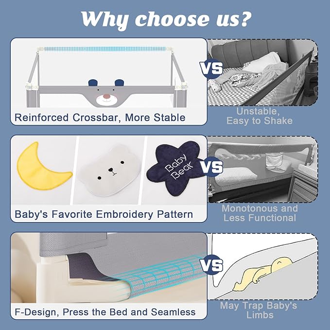 JWPEHOE 3-Piece Bed Rail for Toddlers with Headboard Rod, Adjustable Baby Bed Rail Guard (78.7 * 78.7 * 74.8 Inch-King Size)