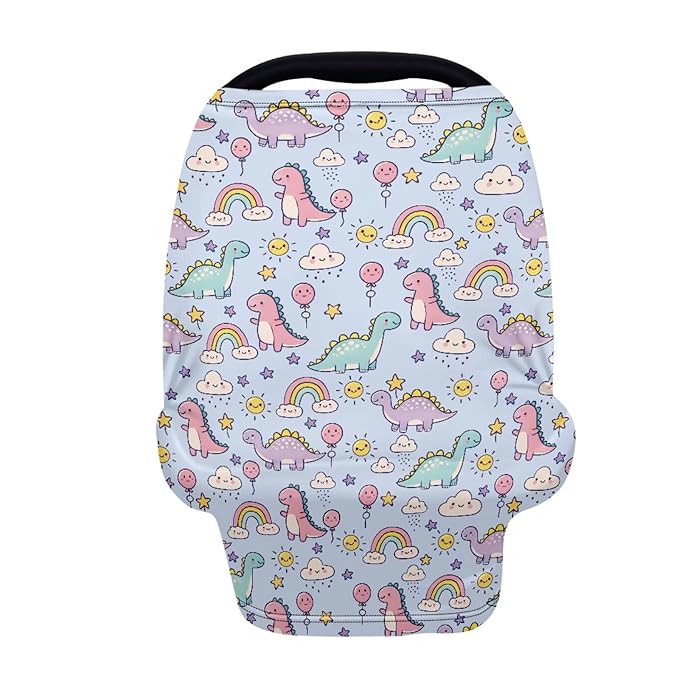 LedBack Cute Car Seat Cover for Babies Baby Stuff Nursing Breastfeeding Cover, Soft Breathable Baby Carseat Canopy, Rainbow Dinosaurs Pattern