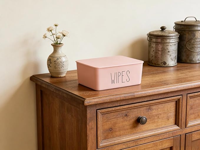 Moorfowl Baby Wipes Dispenser Bathroom Decor,7.28" L * 4.80" W * 2.75" H, Refillable Flushable Wipes Container Holder Baby Registry Essential (Pink WIPES)