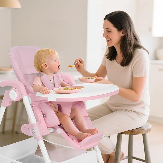 TODEFULL 3 in 1 Foldable Baby High Chair, Infant High Chairs for Babies and Toddlers, 6 Height & 4 Recline Adjustable Toddler Feeding Chair, 2 Built-in Wheels, Large Storage Space, Pink