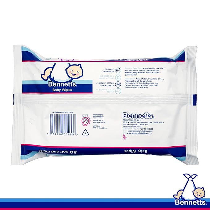 Bennetts Baby Wipes – 80 Wipes (6-Pack) – Purified Water Wipes for Newborns & Infants – Extra-Gentle Cleansing for Face, Hands & Nappy Area