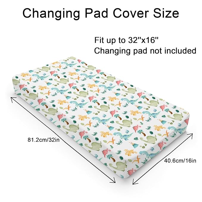 Colorful Dinosaurs Changing Pad Cover Cute Cartoon Dinosaurs Jungle Plam Leaves Diaper Change Table Pad Cover for Boys Girls Soft Breathable Stretch Fitted Changing Mat Sheets 32''x16''
