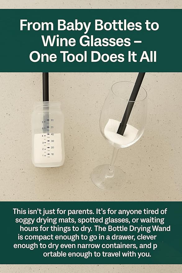 Bottle Drying Wand Tool – Fast Dryer for Baby Bottles, Pump Parts, Wine Glasses & Decanters – Space-Saving, Hygienic Rack Alternative for Travel & Home – Replace Bulky Disgusting Racks