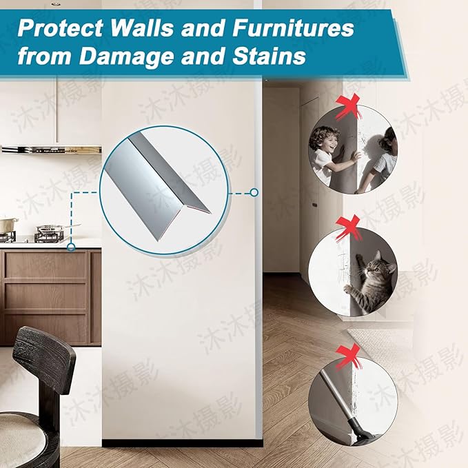 Raytano 8Pcs 45" L ×1" W Self Adhesive Metal Corner Protectors, Modern Aluminum Wall Corner Guards for Wall Door Furniture Cabinet Baseboard Frame Protection and Decoration (Size:45" x 1",Grey)