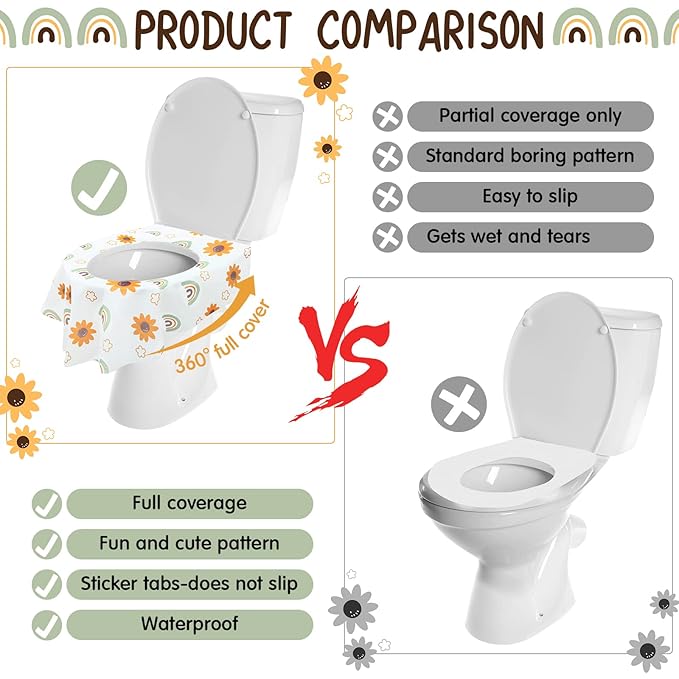 50 Pack Toilet Seat Covers Disposable Large Waterproof Toilet Covers for Toddlers Kids Adult Individually Wrapped Portable for Travel Toddler Potty Training for Public Restroom Trip(Flowers, Rainbow)