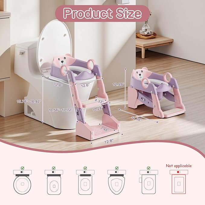 Potty Training Seat,Toddler Toilet Seat for Boys Girls,3-in-1 Potty Training Toilet and Chair with Step Stool Ladder,Anti-Slip Height Adjustable Foldable Splash Guard for Kids (Purple Pink)