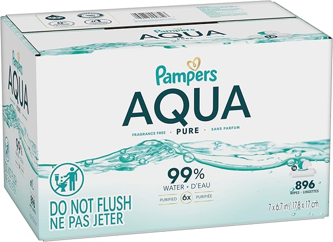 Pampers Aqua Pure Baby Wipes, 99% Water, Fragrance Free, 896 Baby Wipes Total (16X Flip-Top Packs) [Packaging May Vary]