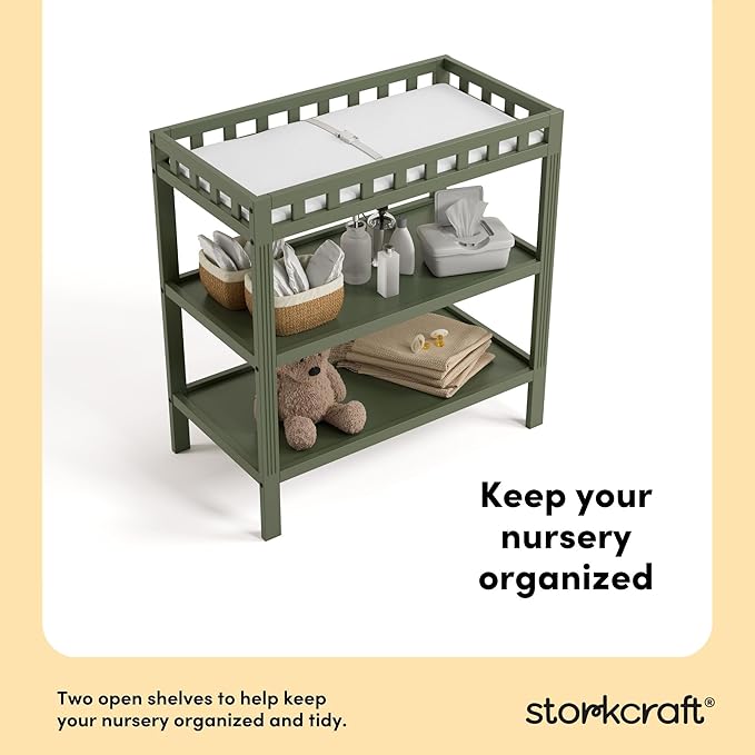 Storkcraft Morningside Changing Table (Olive) – GREENGUARD Gold Certified Baby Changing Table, Includes Waterproof Diaper Changing Pad, Easy 30-Minute Assembly, 2 Open Shelves for Storage