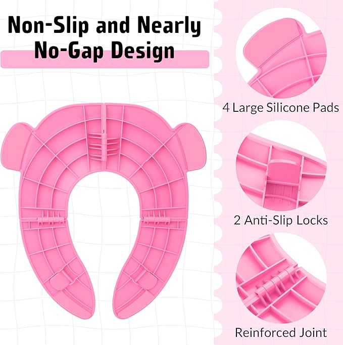 Maliton Travel Potty Training Seat for Toddler, Portable Foldable Potty Seat Cover Fits Round & Oval Toilets, Non-Slip Toilet Seat with Free Travel Bag(Pink Bear)