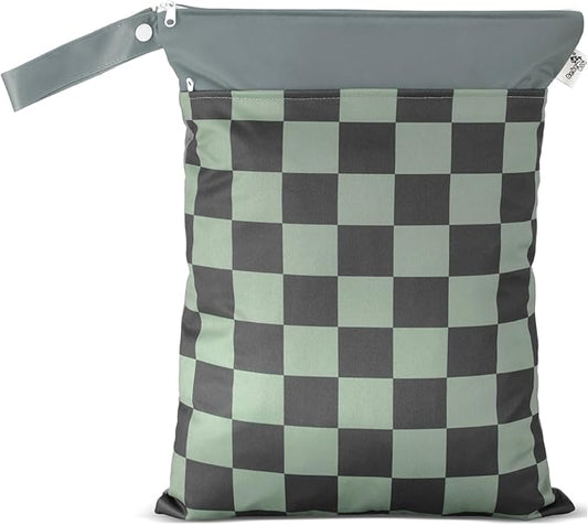 Cloth Diaper Wet Bags – Waterproof & Reusable Bag with 2 Zippered Pockets, 100% Polyester with Handle, Perfect for Stroller, Travel, Baby Essentials & Breast Pump Storage (Green Check)