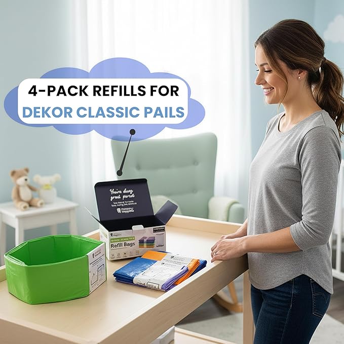 Factory Happyou® Pack of 4 Refills Compatible with Dekor CLASSIC Pails (NOT COMPATIBLE WITH DEKOR PLUS). Each refill is 472 in Long, 30% Thicker. 1 refill holds up to 600 Diapers. Light lavander scent
