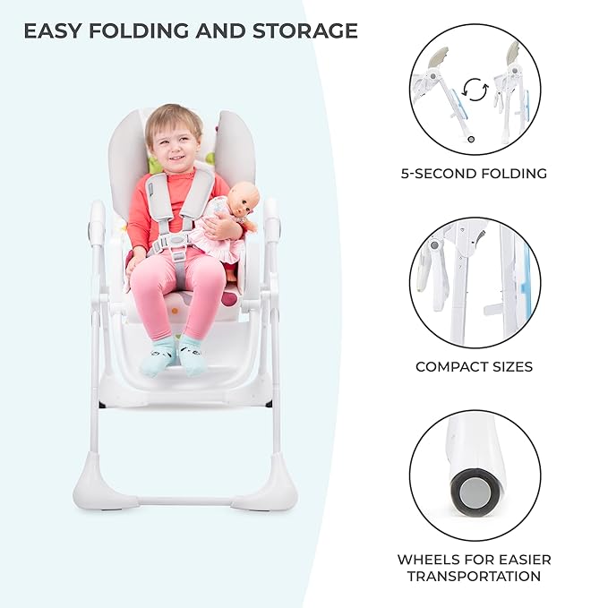 Kinderkraft Highchair Yummy, Baby Chair, Ergonomic, Comfortable, Reclining, Foldable, with Ajustable Height, Footrest, Detachable Double Tray, for Toddler, from 6 Month to 3 Years, Multicolor