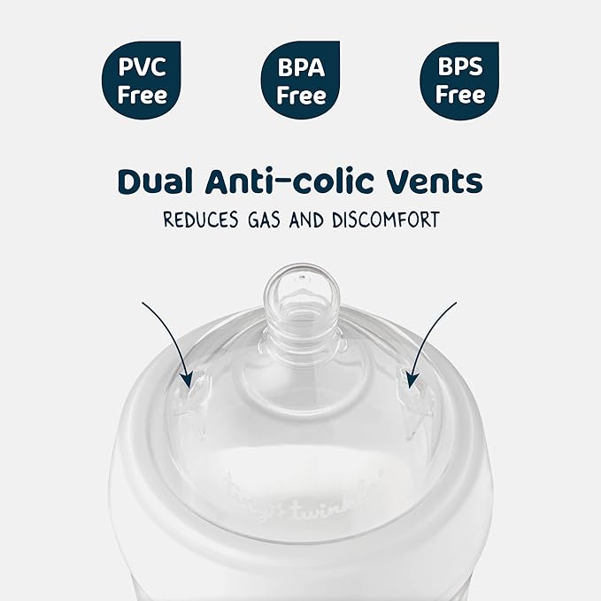 Tiny Twinkle Silicone Baby Bottle with Comfort Grip and Soft Flexible Nipple - Squeezably Soft Baby Bottles for Newborn and Up (White, 6 Ounce - 3 Pack)