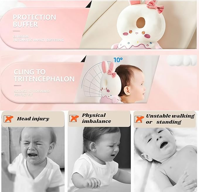 Baby Head Protector Backpack, Toddler Baby Head Protection Backpack with Baby Knee Pads Alarm Function for Walking & Crawling, Soft, Breathable and Wearing Safety Baby Head Protector-Pink Rabbit