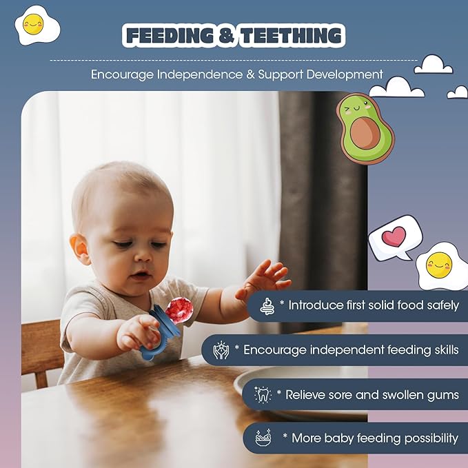 Baby Food Feeder Set, 2 Packs Fruit Feeder & Breastmilk Popsicle Molds Freezer Tray with Lid, Silicone Fruit Feeder to Teething Relief, Introduce New Foods, Baby Feeding Essentials(Blue+Red)