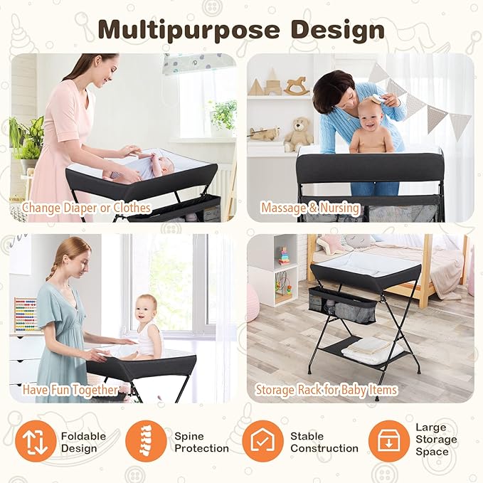 Costzon Changing Table, Portable Baby Changing Table Foldable Diaper Changing Station with Safety Belt, Large Storage Rack & Shelf, Nursery Organizer for Newborn Infant (Black)