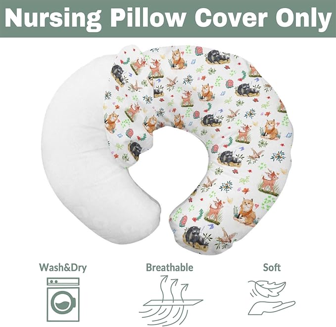 Spring Animals Baby Nursing Pillow Covers for Boy Girl Raccoon Deer Bird Snails Floral Leaves Nursery Pillowcase for Breastfeeding Pillows Animal Soft Stretchy Slipcover for Infant