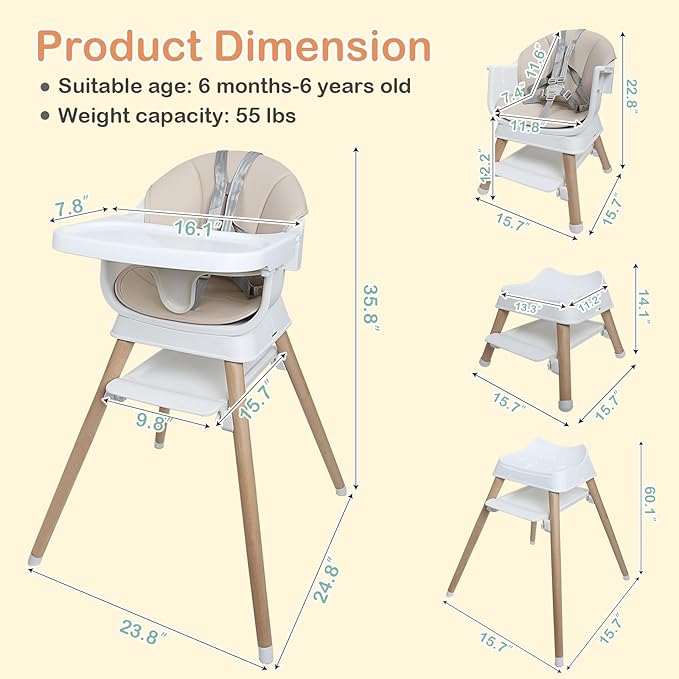 9 in 1 Convertible Baby High Chair with Booster, Wooden Highchair for Babies and Toddlers with Removable Tray & 5-Point Harness, Multi-Functional Growing Seat for Feeding, Learning & Play, Beige