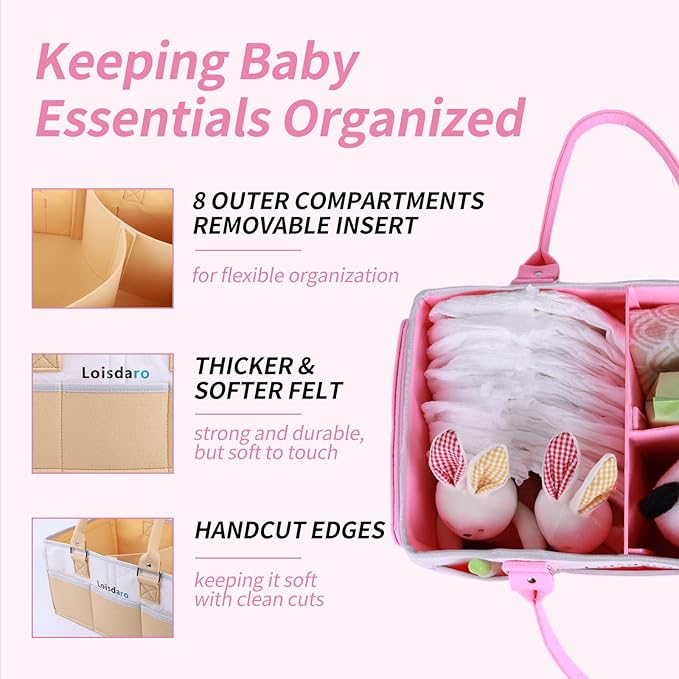 Baby Diaper Caddy Organizer, Portable Diaper Storage Basket for Changing Table, Nursery, Car, Pink