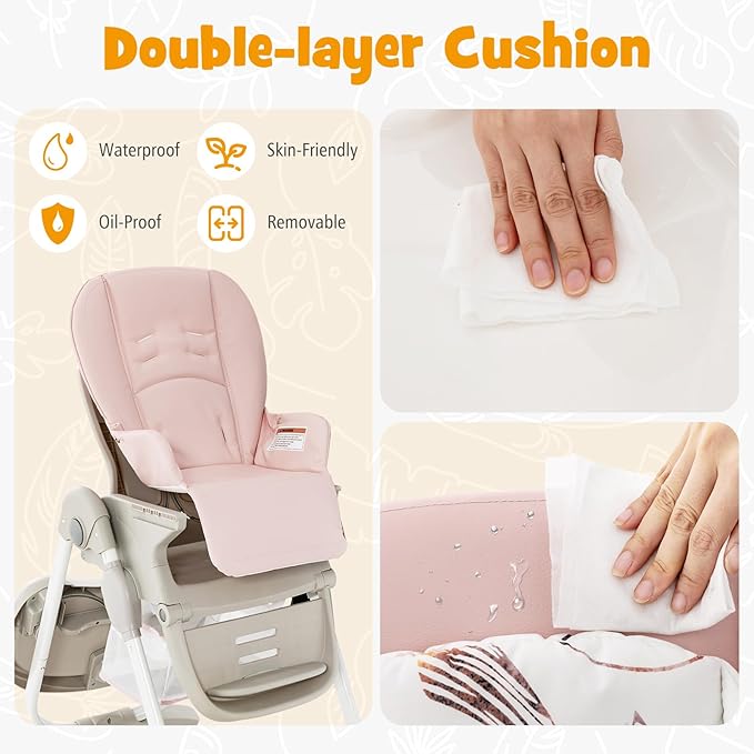 BABY JOY High Chair, Foldable Baby High Chair with Adjustable Height, Recline & Footrest, Double Removable Tray, Storage Basket, Portable Chair with Wheels for Babies & Toddlers (Pink)