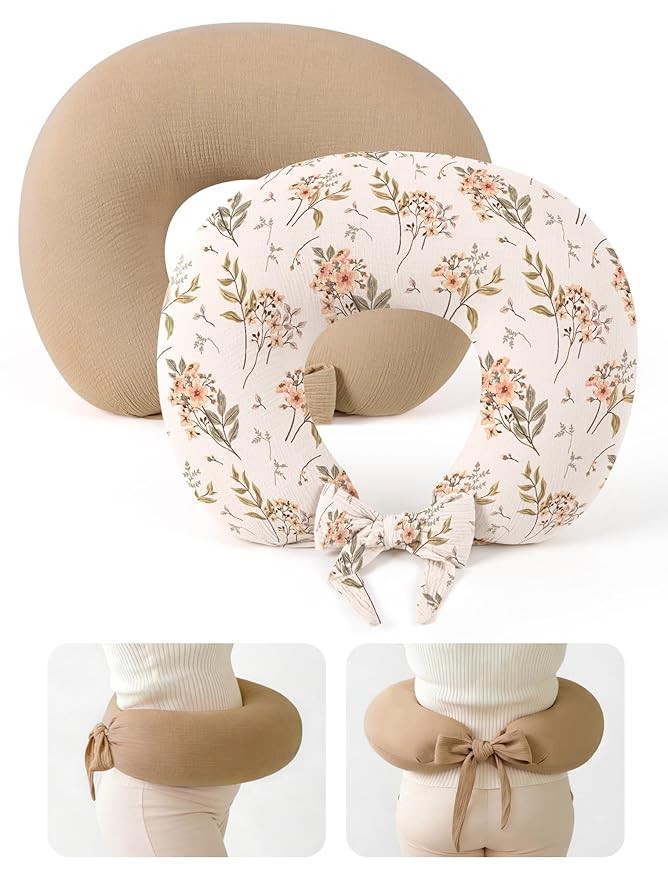 lulumoon Muslin Nursing Pillow Covers - 2-Pack Cotton Slipcovers for Breastfeeding Pillow - Extended Adjustable Strap for Secure Fit & Stable Support - Hidden Zipper Safety for Bottle-Feeding