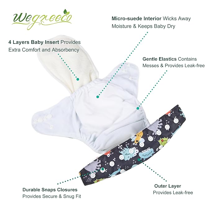 Wegreeco Cloth Diapers 6 Pack with Inserts & Wet Bag, Washable Reusable Diapers for Babies, One Size Adjustable (Monster Style)