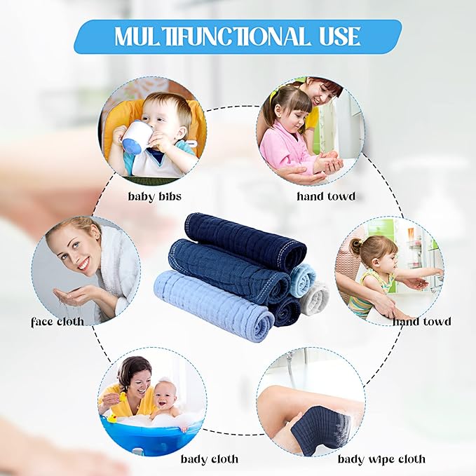 Frienda 6 Pack Muslin Burp Cloths Cotton Large 20''x 9'' Extra Absorbent and Soft Baby Burping Cloth for Baby Boy Girl Unisex(Blue Series)
