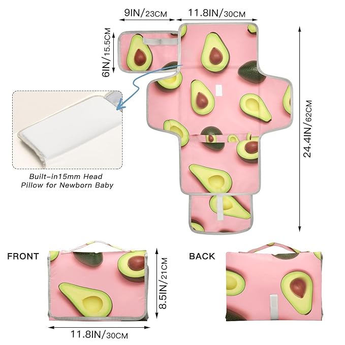 Avocado Green Fruit Portable Changing Pad for Unisex Baby Toddler Waterproof Baby Changing Mat with Pillow & Shoulder Strap Travel Changing Kit for Dresser Gift Home Traveling Hiking
