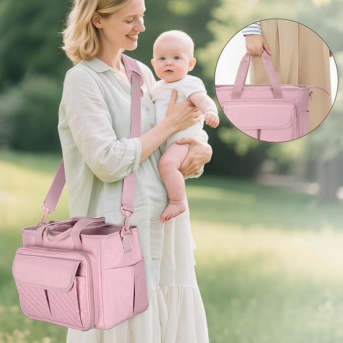 LUXJA Large Wearable Breast Pump Bag with a Waterproof Mat for Wearable Breastfeeding Pump, Carrying Tote Bag with Multiple Pockets for Hands Free Breast Pump and Extra Parts, Pink