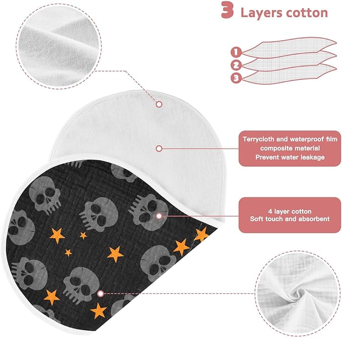 Halloween Skull Muslin Burp Cloths for Baby Boys and Girls - 4-Pack Ultra Absorbent Muslin Washcloths, Newborn Towel, Milk Spit Up Rags, Burp Cloth Bib for Unisex, 22 x 11 Inch