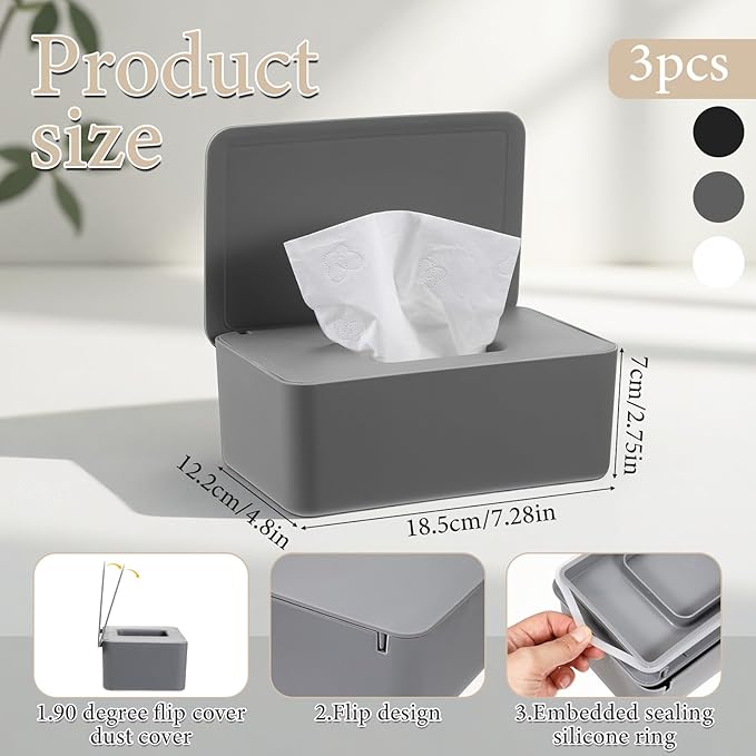 3 Pcs Wipes Dispenser, Refillable Wet Wipe Container with Lid 7.28 x 4.80 x 2.75 Inch Reusable Wipe Dispenser Holder for Bathroom, Kitchen, Bedroom, Living Room, Office, Car (Black, White, Gray)