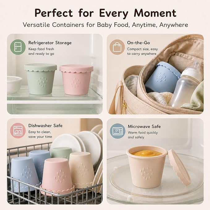 Silicone Baby Food Containers 6 Pack 4oz Baby Food Storage Set, Airtight Leak Proof Baby Feeding Cups, Freezer & Microwave Safe, Stackable Baby Snack Containers, Baby Shower Gift Andy Bear