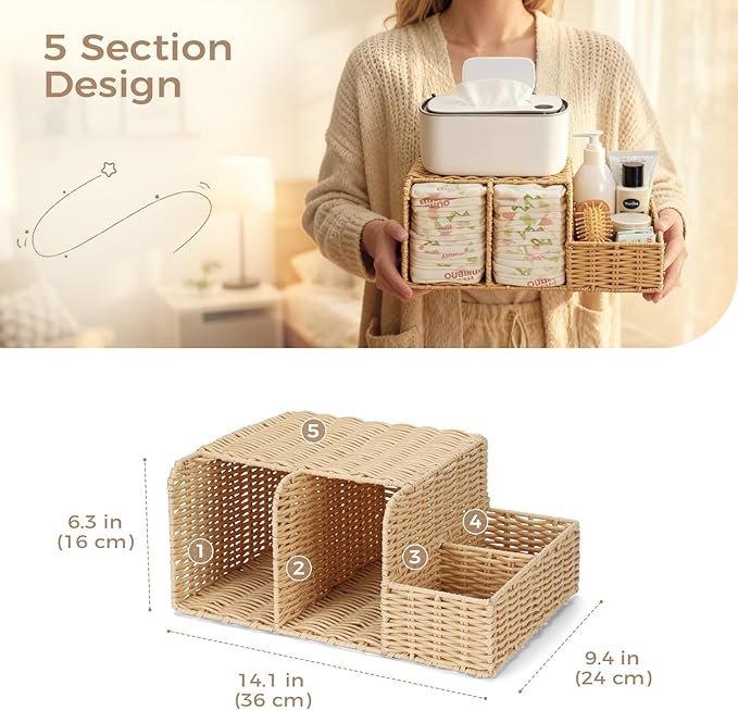 Diaper Caddy Organizer, Hand Rattan Nursery Storage Basket for Baby Essentials, Baby Changing Table Organizer Perfect Nursery Assistant (Natural Light Woven - Style 1, M)
